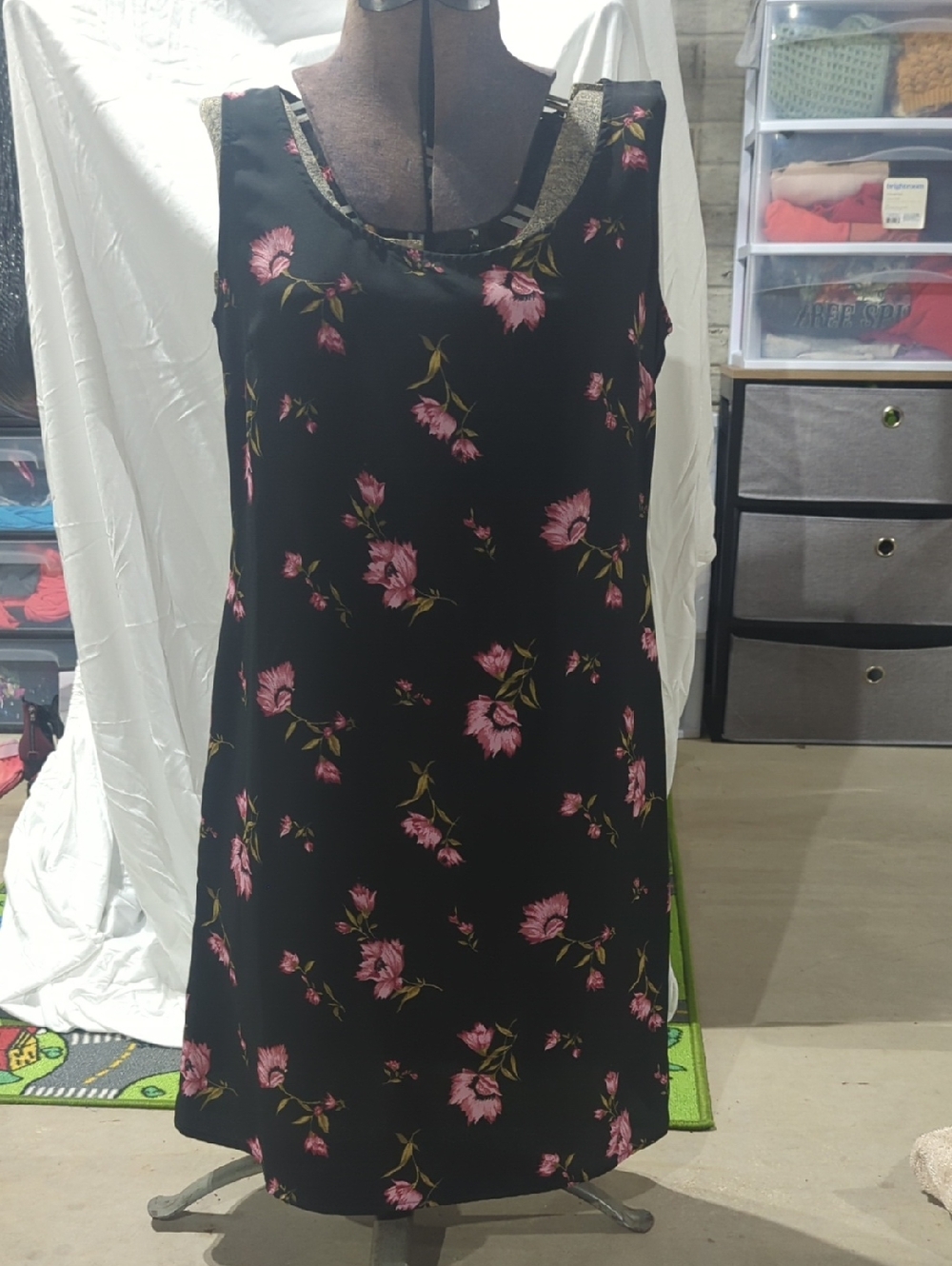 Floral Sleeveless Black Dress with Pink Bloom Print